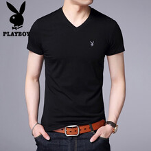 花花公子（PLAYBOY ESTABLISHED 1953） 短袖 男士T恤 黑色-V領(lǐng) 
