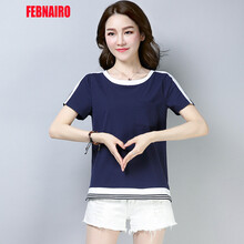 FEBNAIRO 口袋，開(kāi)衩，條紋 短袖 T恤 女 圓領(lǐng)