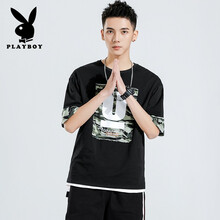 花花公子（PLAYBOY ESTABLISHED 1953） 五分袖 男士T恤 3007黑色 