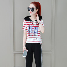 湖影 抽繩，印花 短袖 T恤 女 連帽