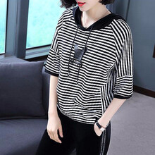 未知 條紋，帶帽 短袖 T恤 女 連帽