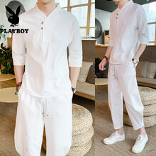 花花公子（PLAYBOY） 五分袖 男士T恤 TZ117白色 