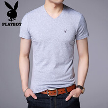 花花公子（PLAYBOY ESTABLISHED 1953） 短袖 男士T恤 灰色-V領(lǐng) 