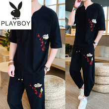 花花公子（PLAYBOY ESTABLISHED 1953） 七分袖 男士T恤 TZ110黑色 