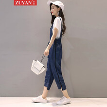 祖燕（ZUYAN） 高腰 背帶褲 女 七分褲 牛仔褲