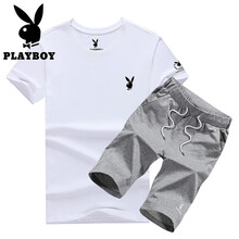 花花公子（PLAYBOY） 短袖 男士T恤 白t灰褲 