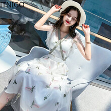 ITNIGO 花色 繡花，荷葉邊，拉鏈，蝴蝶結(jié) 連衣裙