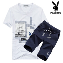 花花公子（PLAYBOY） 短袖 男士T恤 白色上衣+深蘭色褲子 