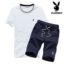花花公子（PLAYBOY） 短袖 男士T恤 白色上衣+藍色短褲 