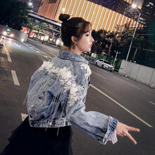 瀟韓（xiaohan） 翻領(lǐng) 長(zhǎng)袖 女 短外套 流蘇，拼接，做舊，水洗