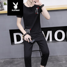 花花公子（PLAYBOY） 短袖 男士T恤 禪黑色  (九分褲套裝) 