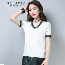 薩拉維夫（SLLAVIF） 螺紋 短袖 T恤 女 V領(lǐng)