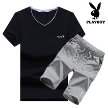 花花公子（PLAYBOY） 短袖 男士T恤 黑上衣＋灰褲子 