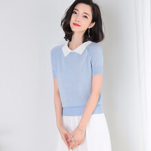 宜朵（yido） 拼接，亮絲 短袖 T恤 女 娃娃領