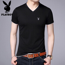 花花公子（PLAYBOY） 長(zhǎng)袖 男士T恤 黑色V領(lǐng)   