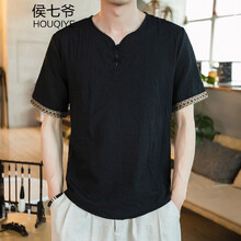 候七爺（HOUQIYE） 五分袖 男士T恤  黑色 