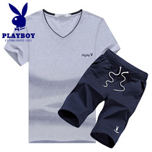 花花公子（PLAYBOY） 短袖 男士T恤 灰衣藍(lán)褲 