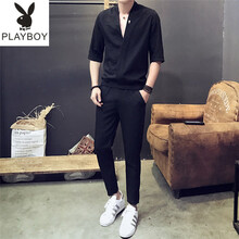 花花公子（PLAYBOY ESTABLISHED 1953） 短袖 男士T恤 黑色九分褲套裝 