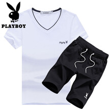 花花公子（PLAYBOY ESTABLISHED 1953） 短袖 男士T恤 白衣黑褲 