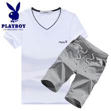 花花公子（PLAYBOY） 短袖 男士T恤 白衣灰褲 