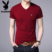 花花公子（PLAYBOY ESTABLISHED 1953） 短袖 男士T恤 紅色-V領(lǐng) 