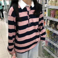 polo衫女長袖橫條