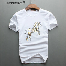 hteec 短袖 男士T恤 白色-亮片奔馬圖 