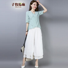 子牧棉麻 拼色 短袖 T恤 女 V領(lǐng)