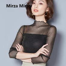 蜜莎蜜拉（Mirza Mirror） 拼接，亮絲，木耳邊，蕾絲，紗網(wǎng) 短袖 T恤 女 立領(lǐng)
