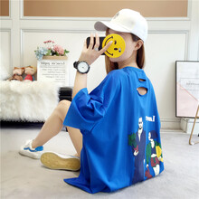 妃麗慕尚（FEILIMUSHANG） 破洞，開(kāi)衩，前短后長(cháng)，印花 短袖 T恤 女 圓領(lǐng)