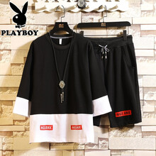 花花公子（PLAYBOY） 五分袖 男士T恤 D383黑色 