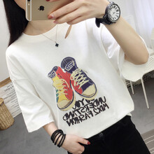 妃麗慕尚（FEILIMUSHANG） 破洞，手工磨破，印花 短袖 T恤 女 圓領(lǐng)