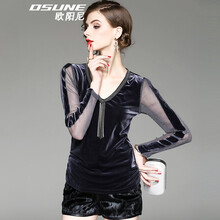 歐陽尼（OSUNE） 拼接，紗網(wǎng) 短袖 T恤 女 V領(lǐng)