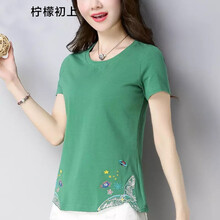 檸檬初上 繡花，刺繡，立體剪裁 短袖 T恤 女 圓領(lǐng)