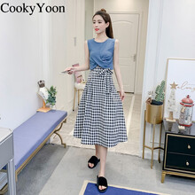 CookyYoon 純色 格子，綁帶 連衣裙