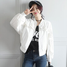 慕香 圓領(lǐng) 長袖 女 短外套 荷葉邊，口袋，拼接，紐扣，拉鏈，貼布