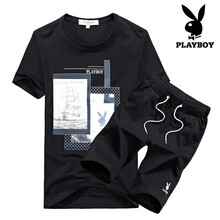 花花公子（PLAYBOY） 短袖 男士T恤 黑色上衣+黑色短褲 