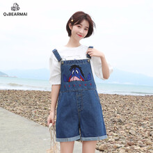 Q&BEARMAI 高腰 背帶褲 女 短褲 牛仔褲