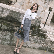 艾珠兒（Aizhuer） 千鳥格 口袋，荷葉邊，格子，印花 連衣裙