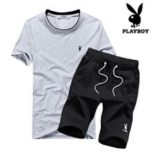 花花公子（PLAYBOY） 短袖 男士T恤 灰色上衣+黑褲子 