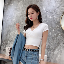 秀衫衫 露臍/腰，深V款，褶皺 短袖 T恤 女 V領(lǐng)