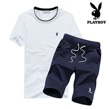 花花公子（PLAYBOY） 短袖 男士T恤 SSMTTXTZ1826白色上衣+深藍(lán)短褲 