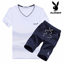 花花公子（PLAYBOY） 短袖 男士T恤 白色V領(lǐng)+深藍(lán)短褲 