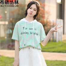 布依叢林（Buyiconglin） 條紋，印花，帶帽 短袖 T恤 女 連帽