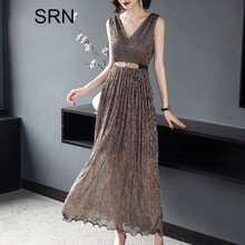 SRN 純色 荷葉邊，露肩，亮絲，露背，拉鏈，綁帶 連衣裙