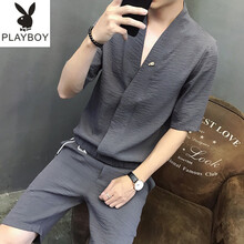 花花公子（PLAYBOY ESTABLISHED 1953） 短袖 男士T恤 灰色短褲套裝 