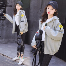 Q&BEARMAI 連帽 長(cháng)袖 女 短外套 口袋，拉鏈，印花，貼布