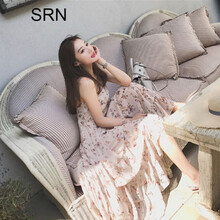 SRN 碎花 露肩，背帶，拉鏈，褶皺，印花 連衣裙