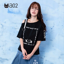 a02 拼接，背帶，印花，立體裝飾 短袖 T恤 女 一字領(lǐng)