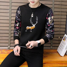 魯賓克 長袖 男士T恤 314b-繡花鹿黑色 XL，L，XXXL，M，XXL